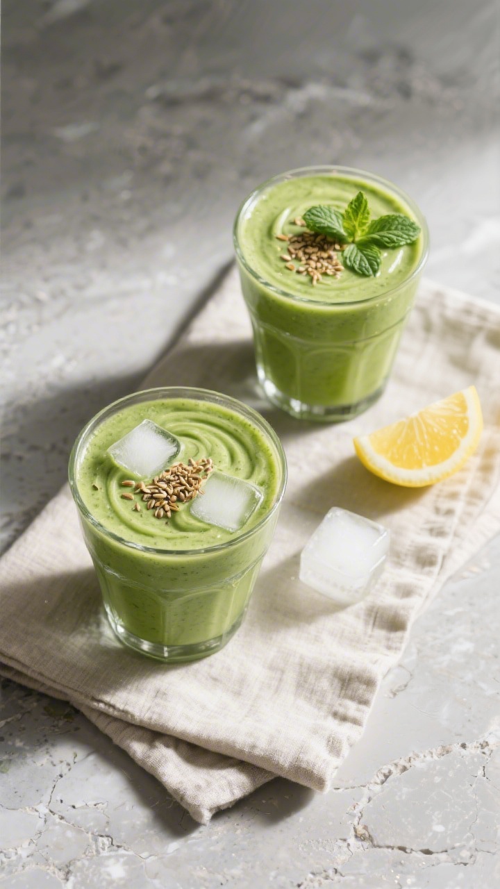 Tasty top view: Overhead shot of the finished “Green Smoothie for Beginners” served in two short