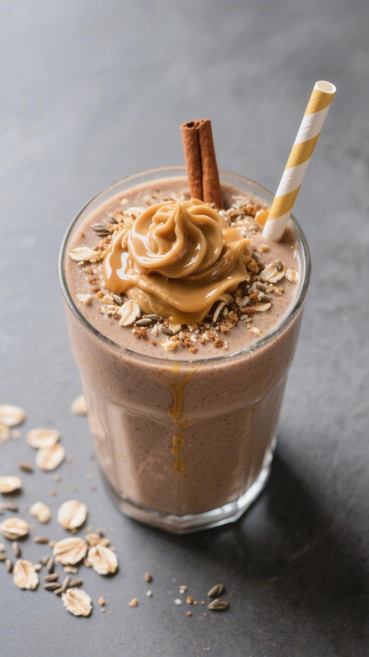 Tasty top view: Overhead shot of the finished high-calorie smoothie in a large glass, topped with a