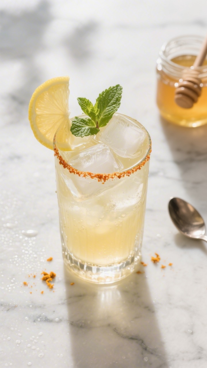 Tasty top view: Overhead shot of the iced, refreshing version in a clear highball glass—crisp pale