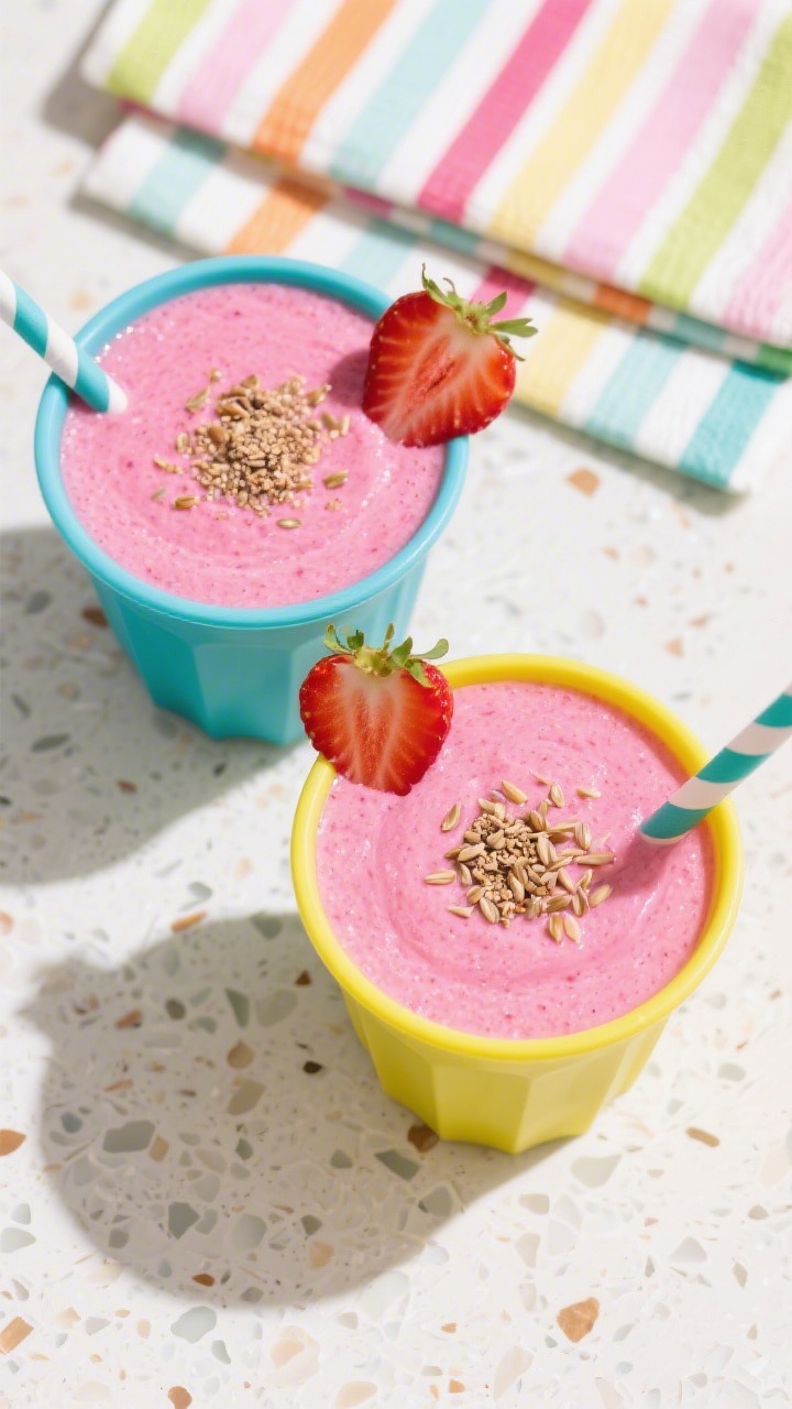 Tasty top view: Overhead shot of two neon-pink smoothies poured into colorful kid cups with reusable