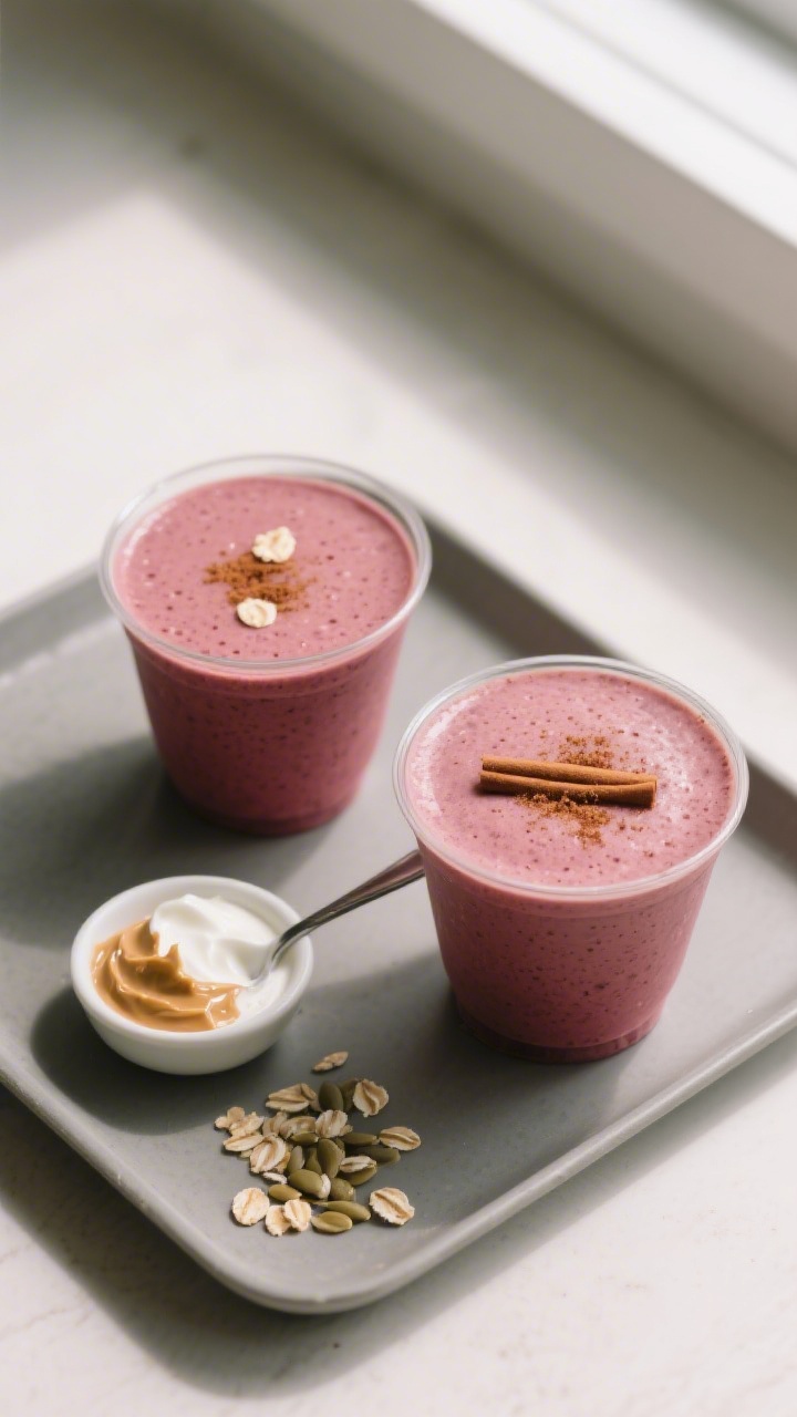 Tasty top view: Overhead shot of two portioned bedtime smoothies (4–6 oz and 6–8 oz) in small cu