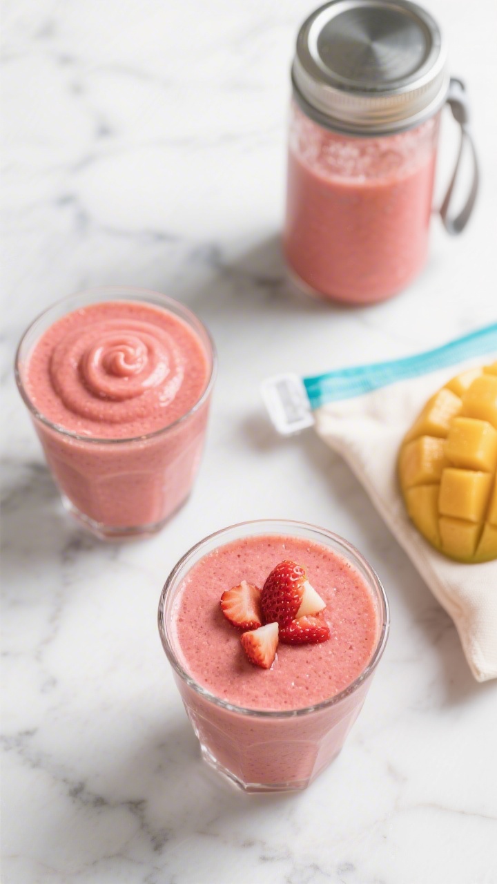 Tasty top view: Overhead shot of two small glasses and one reusable pouch filled with the finished s