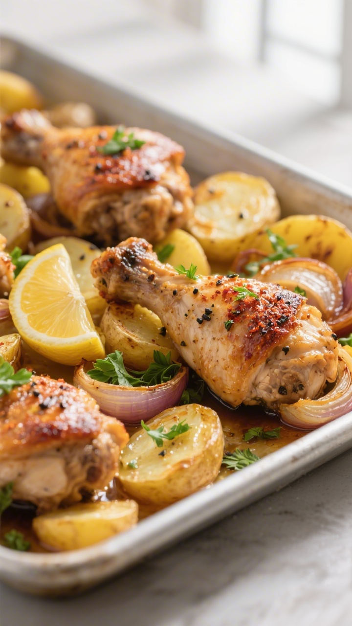 Close-up detail: Crispy-skinned baked chicken thighs perched on golden, roasted Yukon Gold potatoes 
