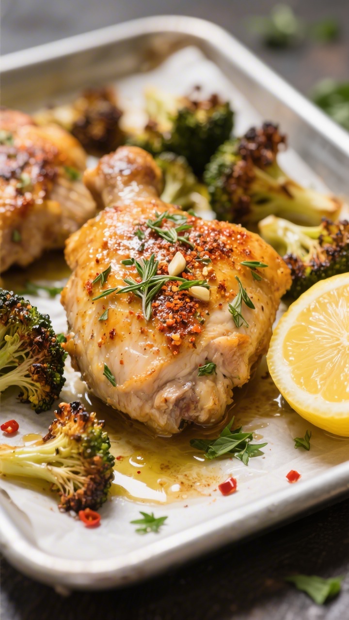 Close-up detail: Crispy-skinned baked herb chicken thigh just out of the oven on a sheet pan, golden