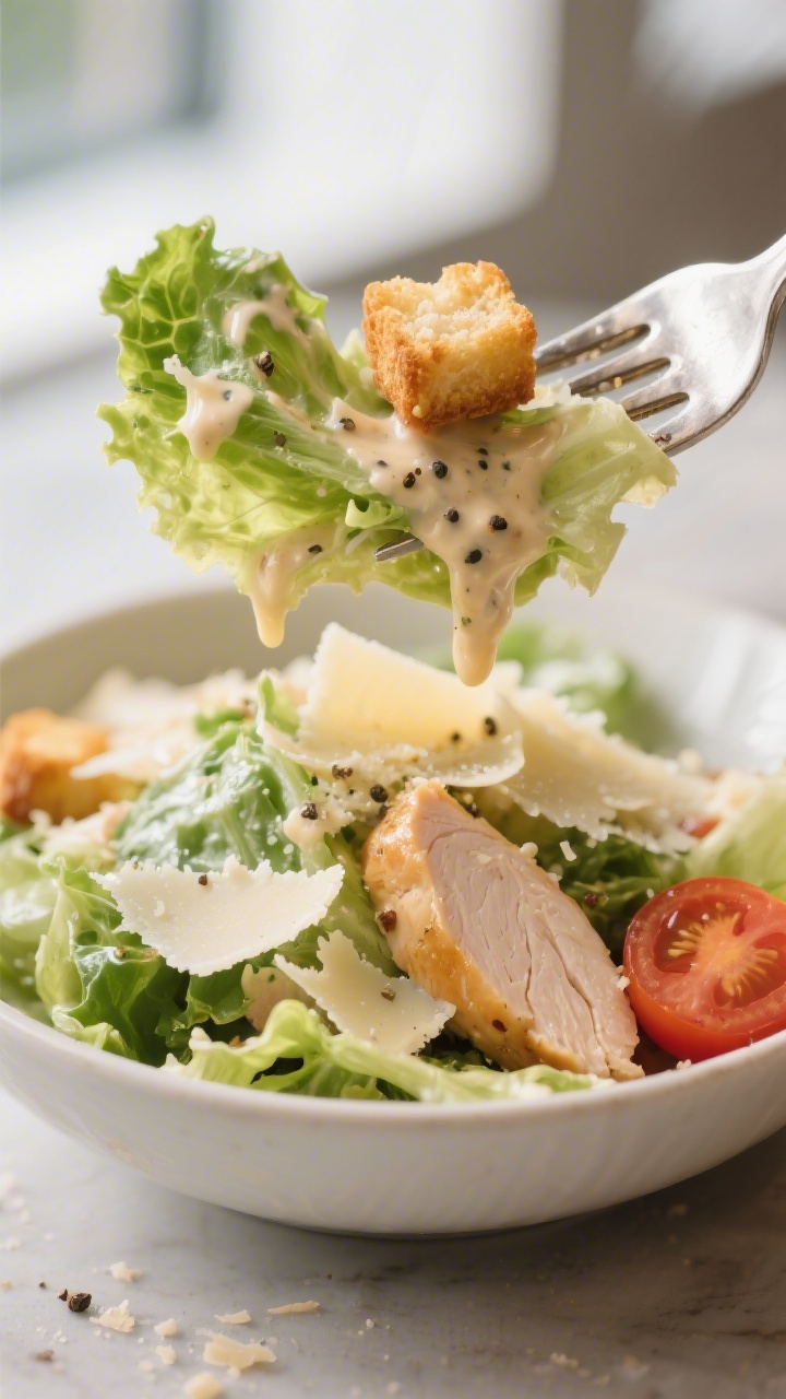 Close-up detail: Forkful of Chicken Caesar Salad lifted above the bowl—showing crisp, well-dried r