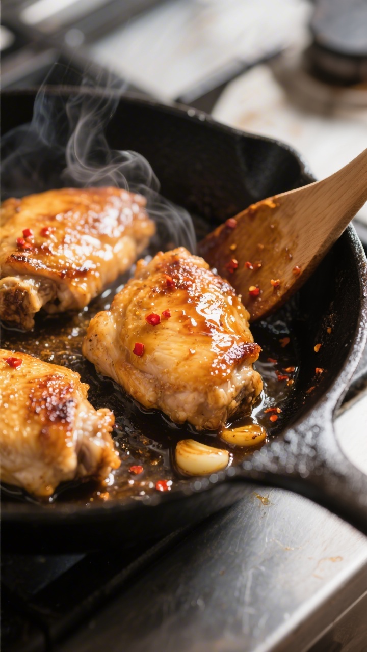 Close-up detail: Golden-seared boneless chicken thighs sizzling in a black cast-iron skillet, edges 