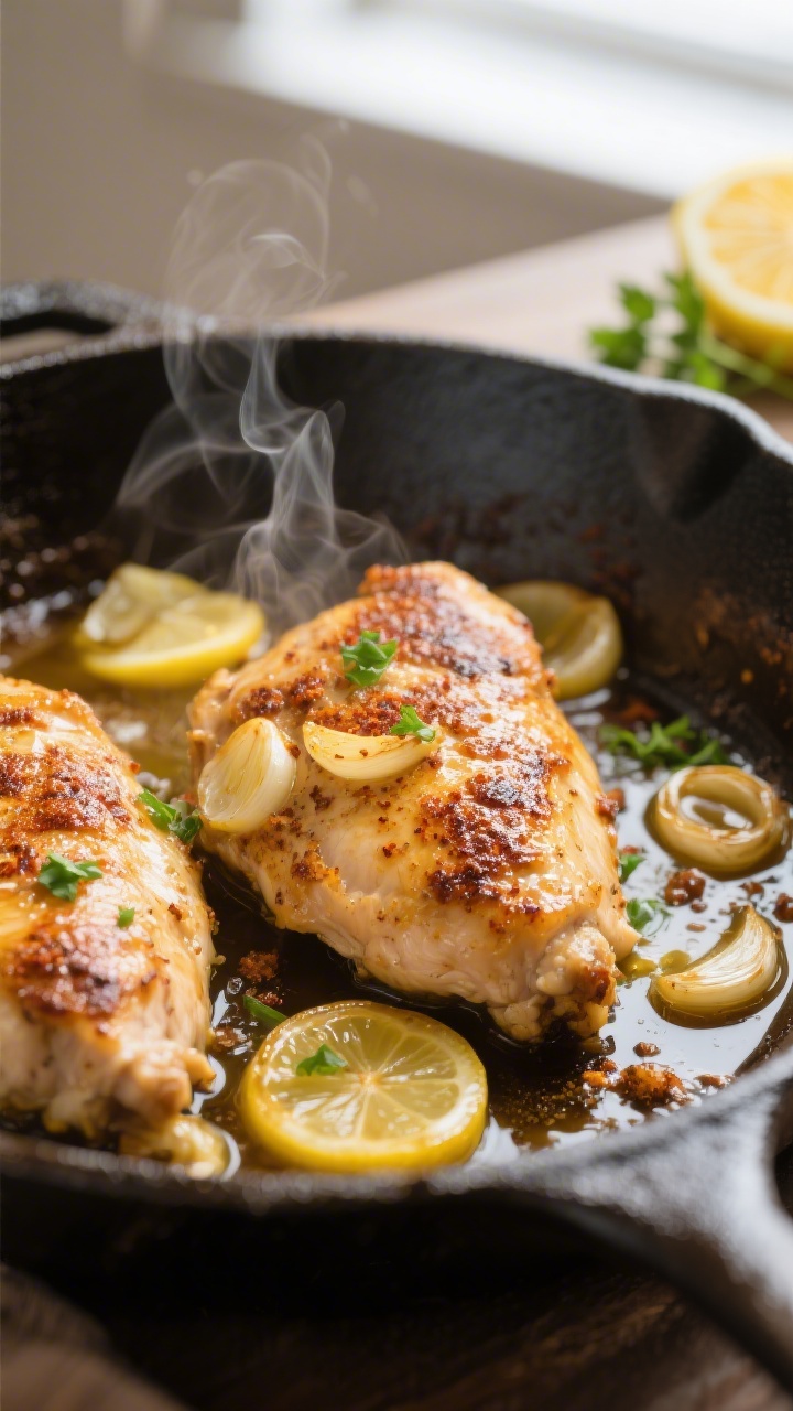 Close-up detail: Golden-seared garlic chicken in a skillet just after deglazing, showing caramelized