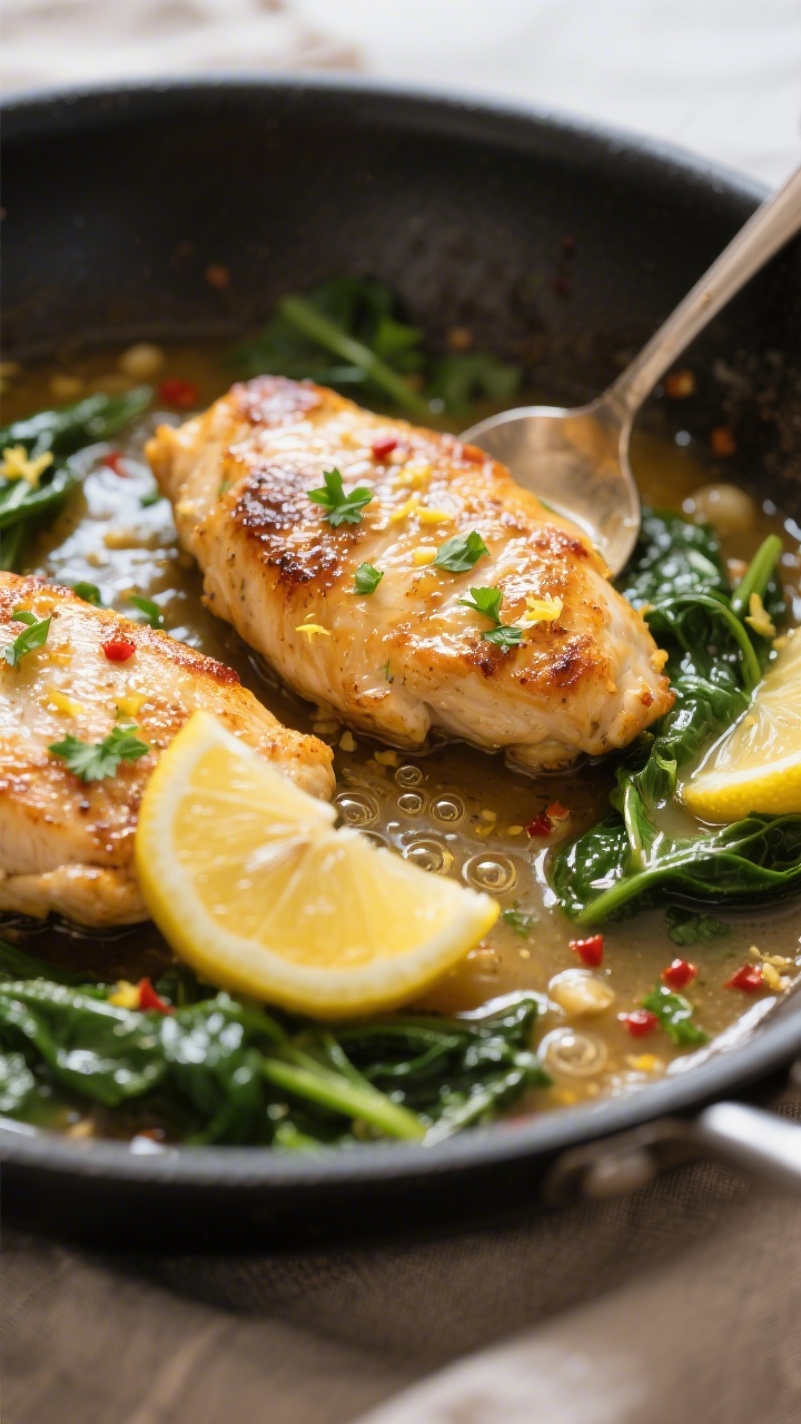 Close-up detail: Golden-seared lemon chicken cutlets in a skillet, spooned with glossy lemon-garlic 