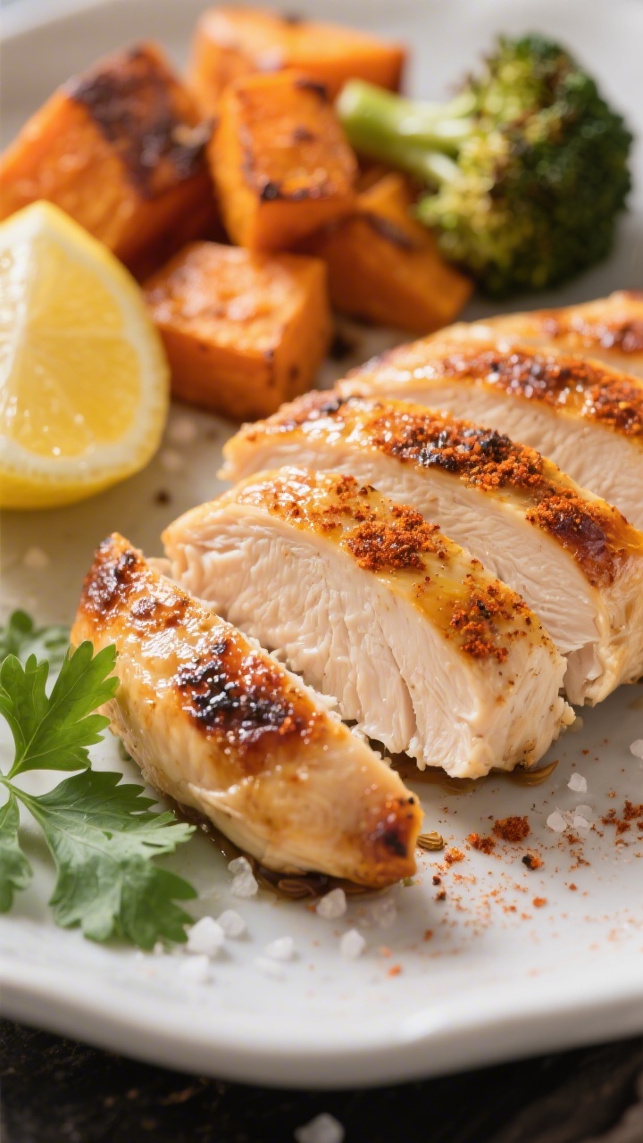 Close-up detail — Juicy chicken with caramelized edges: Tight macro of sliced roasted chicken brea