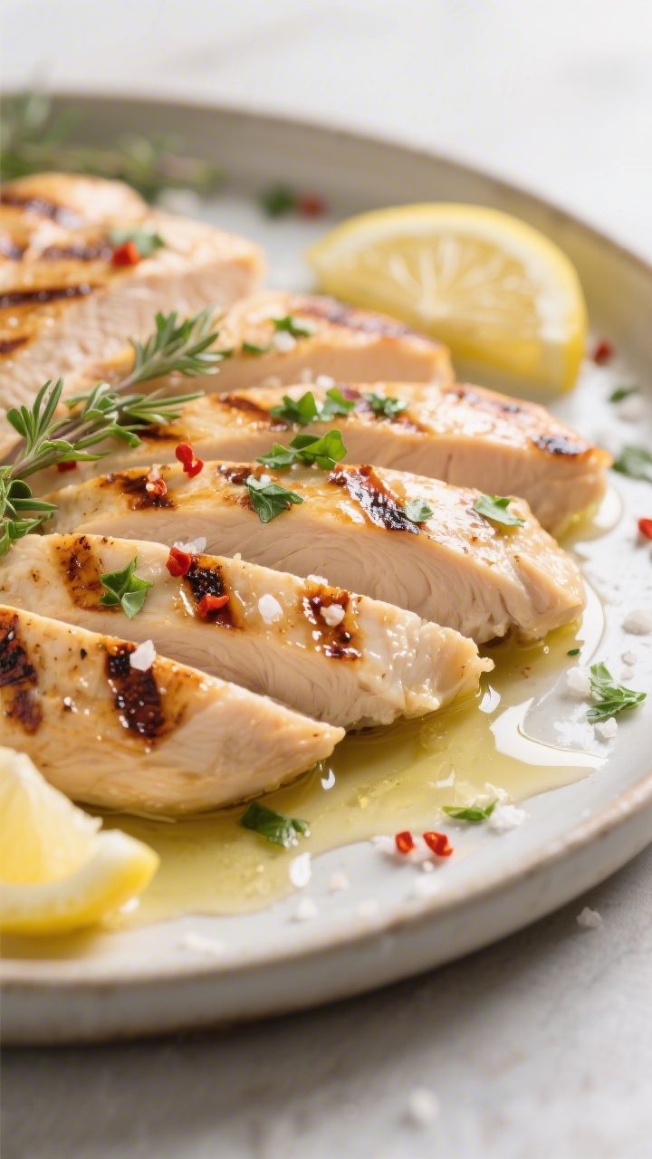 Close-up detail: Juicy grilled chicken breast slices resting on a platter, glistening with olive oil