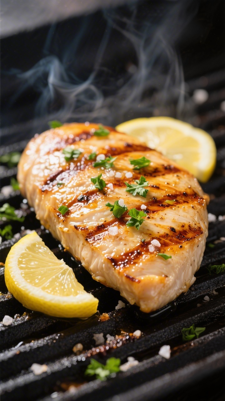 Close-up detail: Juicy grilled lemon chicken breast just off the grill, deep golden grill marks with