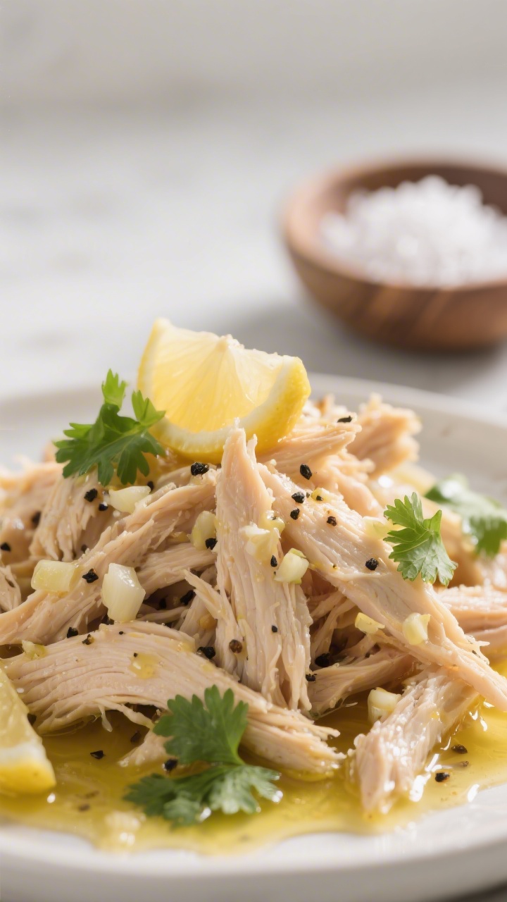 Close-up detail: Juicy shredded chicken tossed with glossy lemon-garlic dressing, flecks of black pe