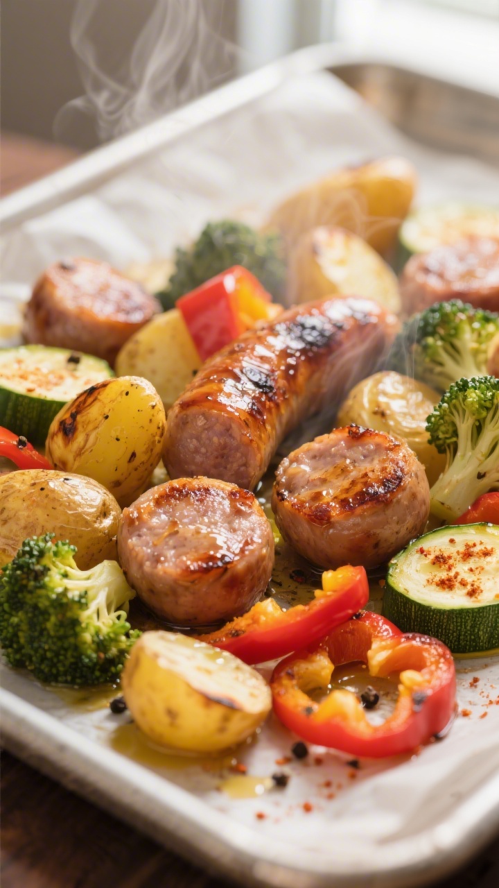 Close-up detail: Roasted sausage rounds with caramelized edges nestled among golden baby potatoes an