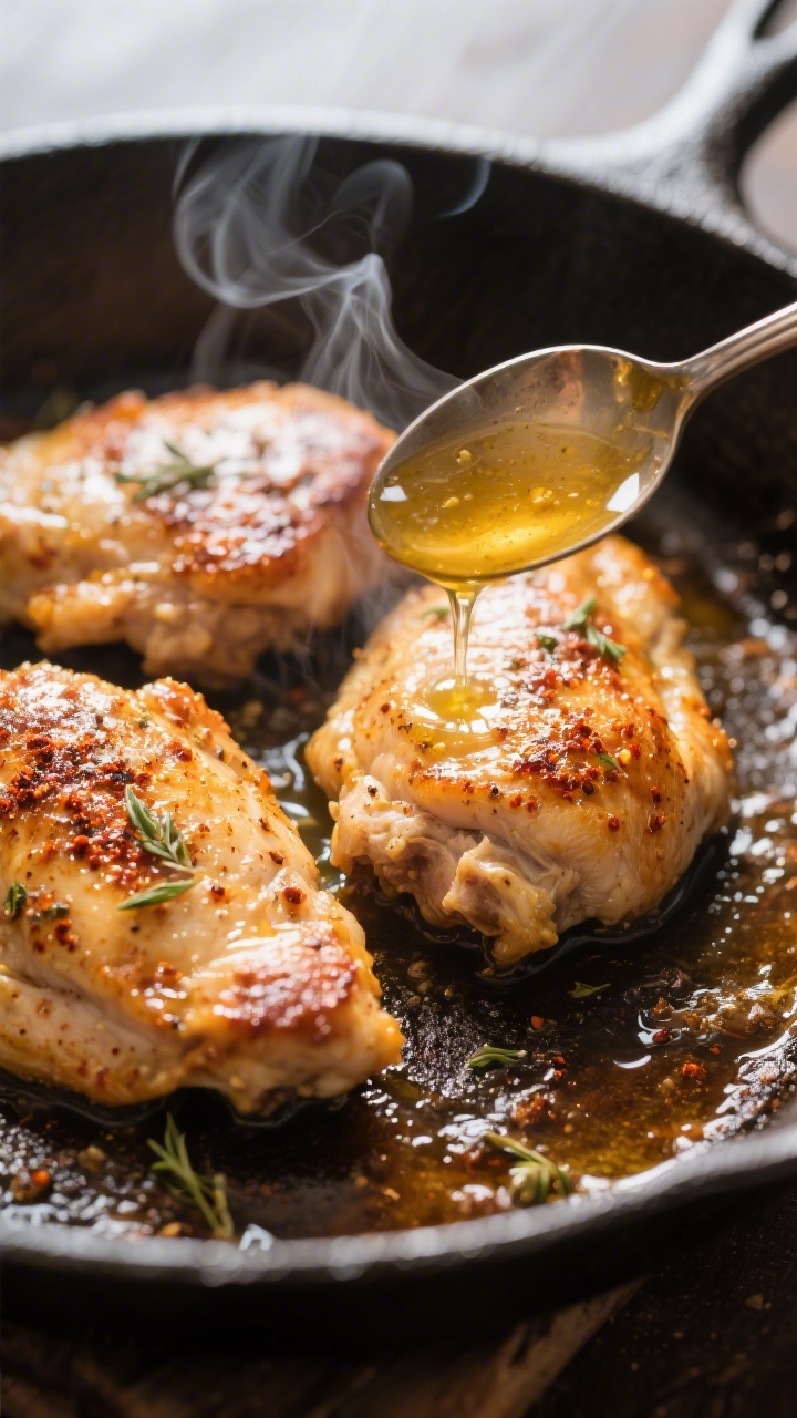 Close-up detail: Searing boneless chicken thighs in a 12-inch cast-iron skillet, golden-brown crust