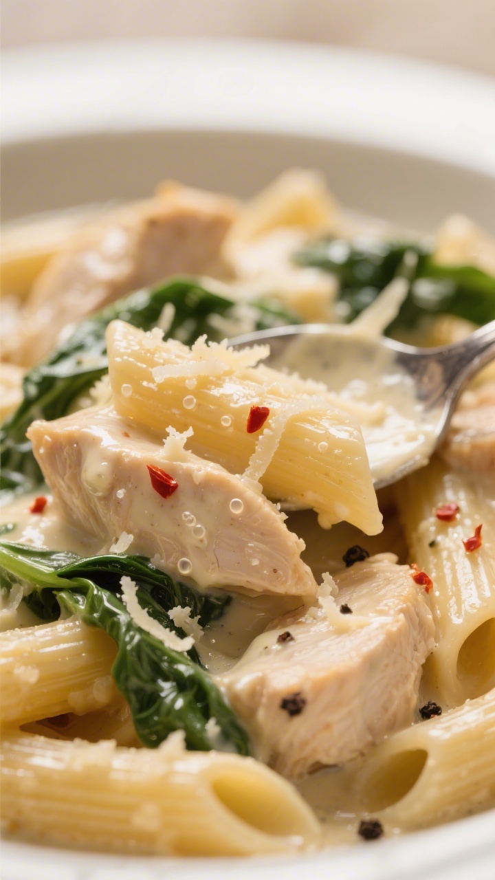 Close-up detail: Silky Parmesan cream sauce coating penne and tender chicken pieces, strands of wilt