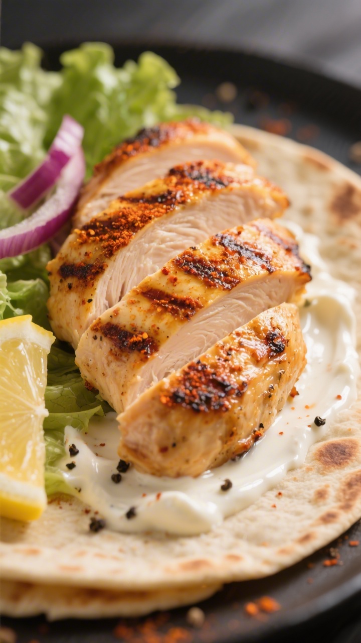Close-up detail: Sliced grilled chicken just rested and cut thinly against the grain, showing juicy 