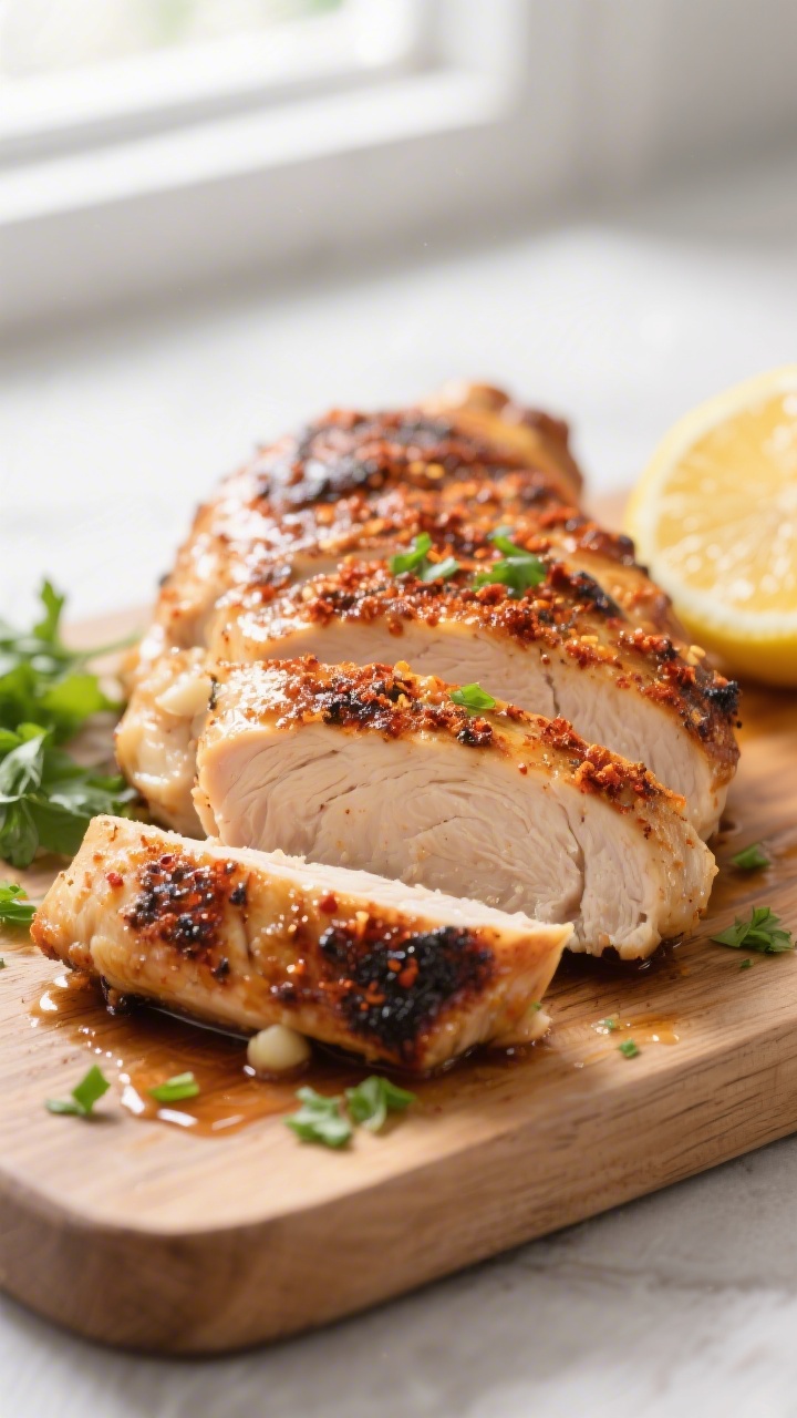 Close-up detail: Sliced roasted chicken breast with a smoky paprika-garlic crust resting on a cuttin