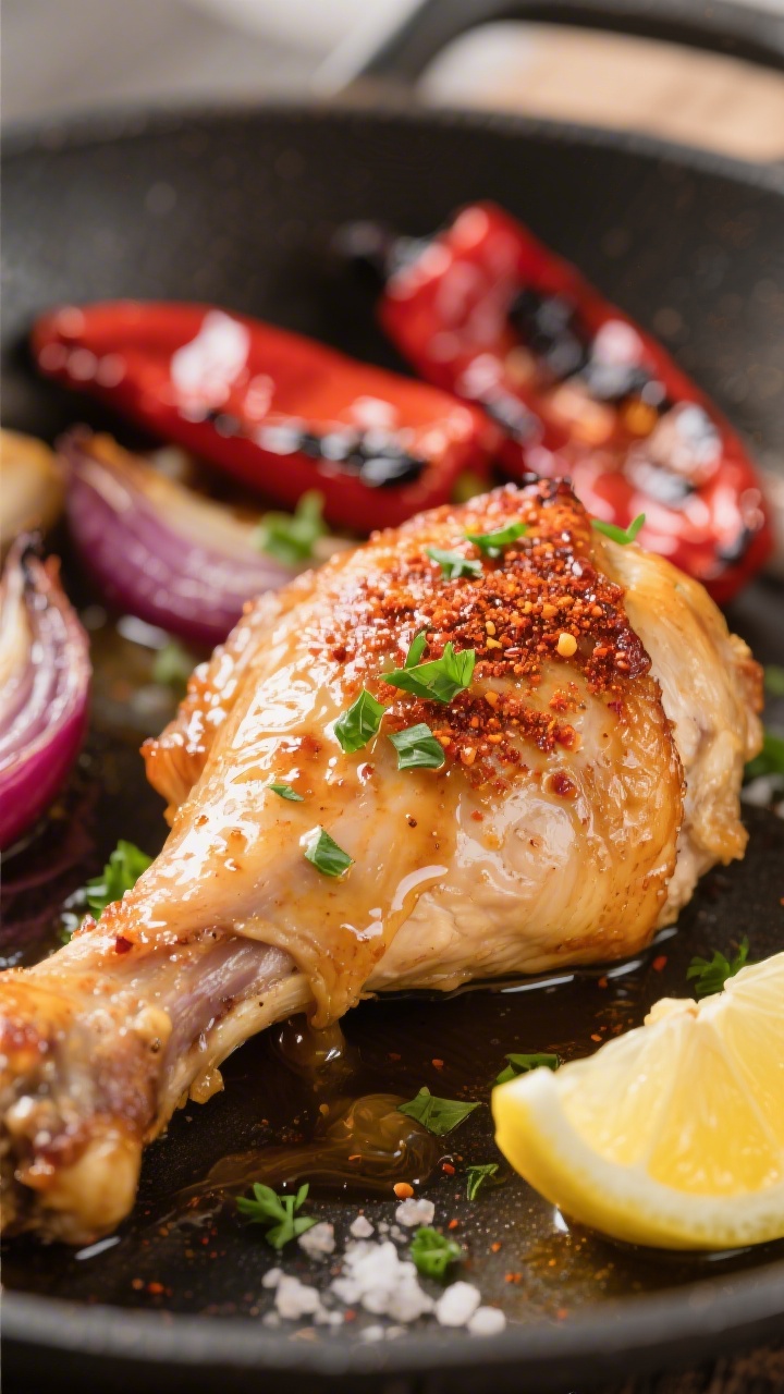 Close-up detail, : Ultra-tight shot of a juicy roasted chicken thigh with crisped, paprika-stained e