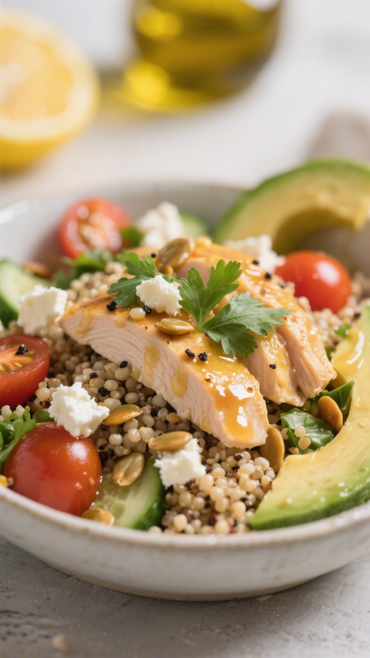 Close-up final dish – Dressed and ready to eat: Tight macro of the finished bowl after dressing—