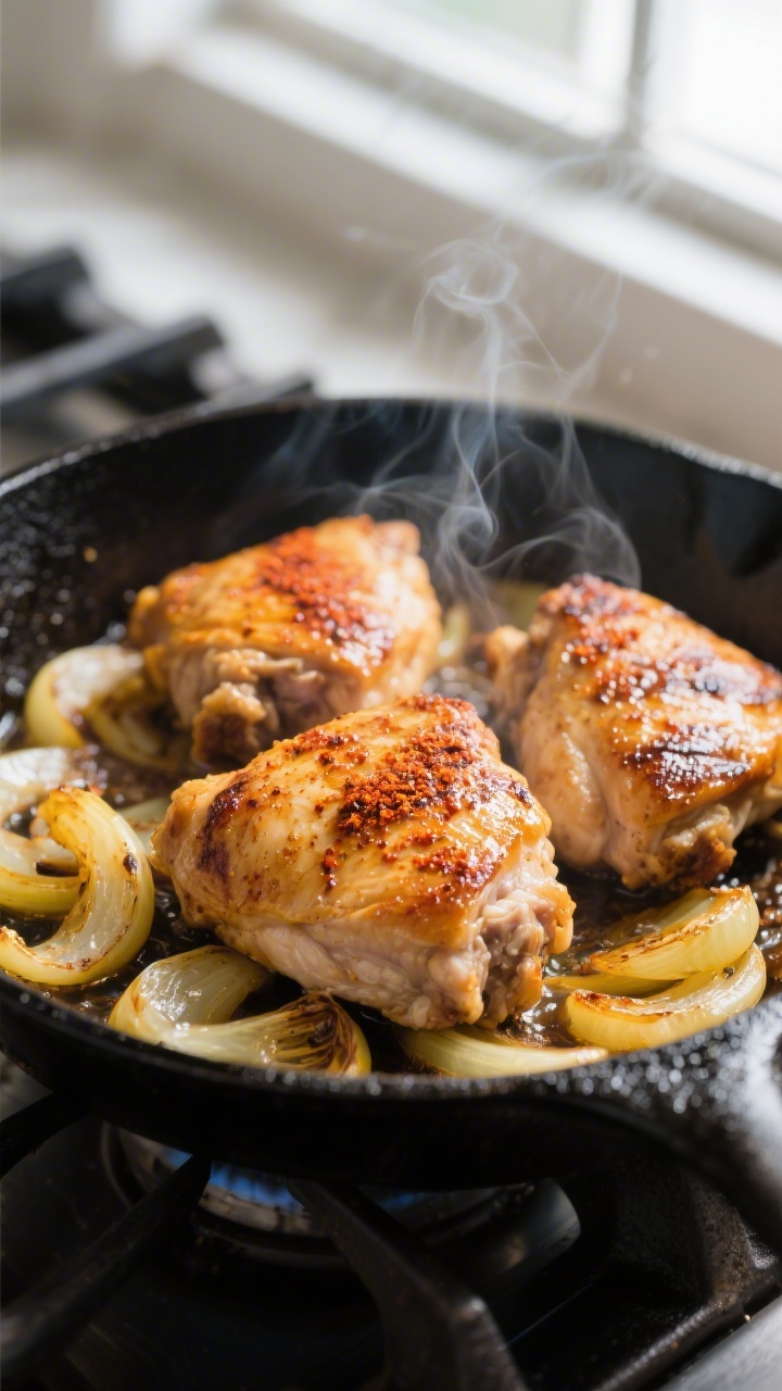Close-up sear shot: Golden-brown boneless chicken thighs sizzling in a black cast-iron skillet, cris