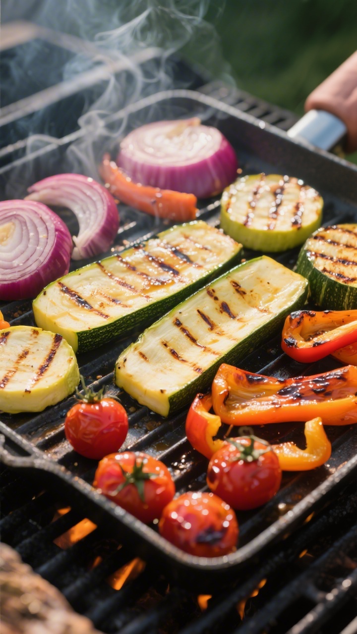 Cooking process: Assorted vegetables on the grill at medium-high heat—zucchini and yellow squash p