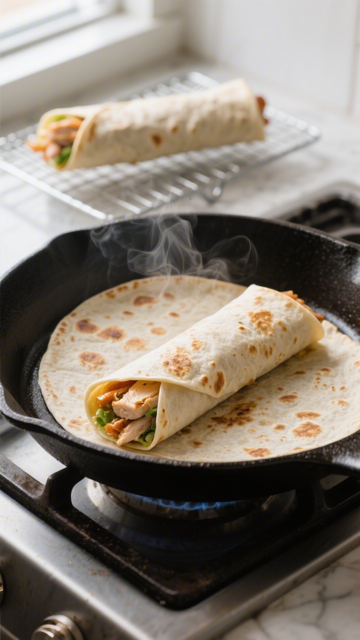 Cooking process: Café-style finish on the wrap—seam-side-down chicken wrap toasting on a hot cast