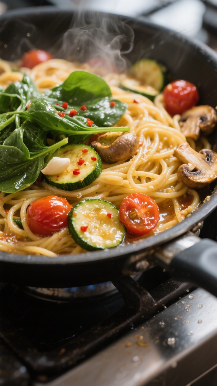 Cooking process, close-up detail: Glossy spaghetti tossed in a wide skillet with sautรฉed zucchini c