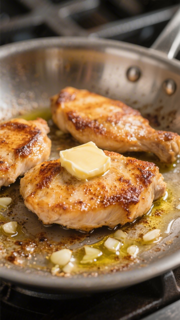 Cooking process, close-up detail: Golden seared chicken cutlets in a stainless-steel skillet, browne