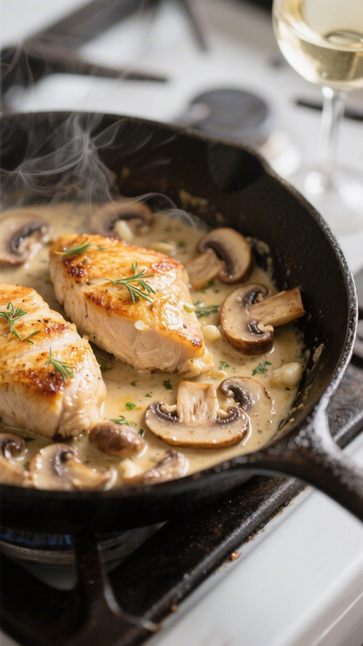 Cooking process close-up: Golden-seared chicken breasts nestling back into a bubbling skillet of cre