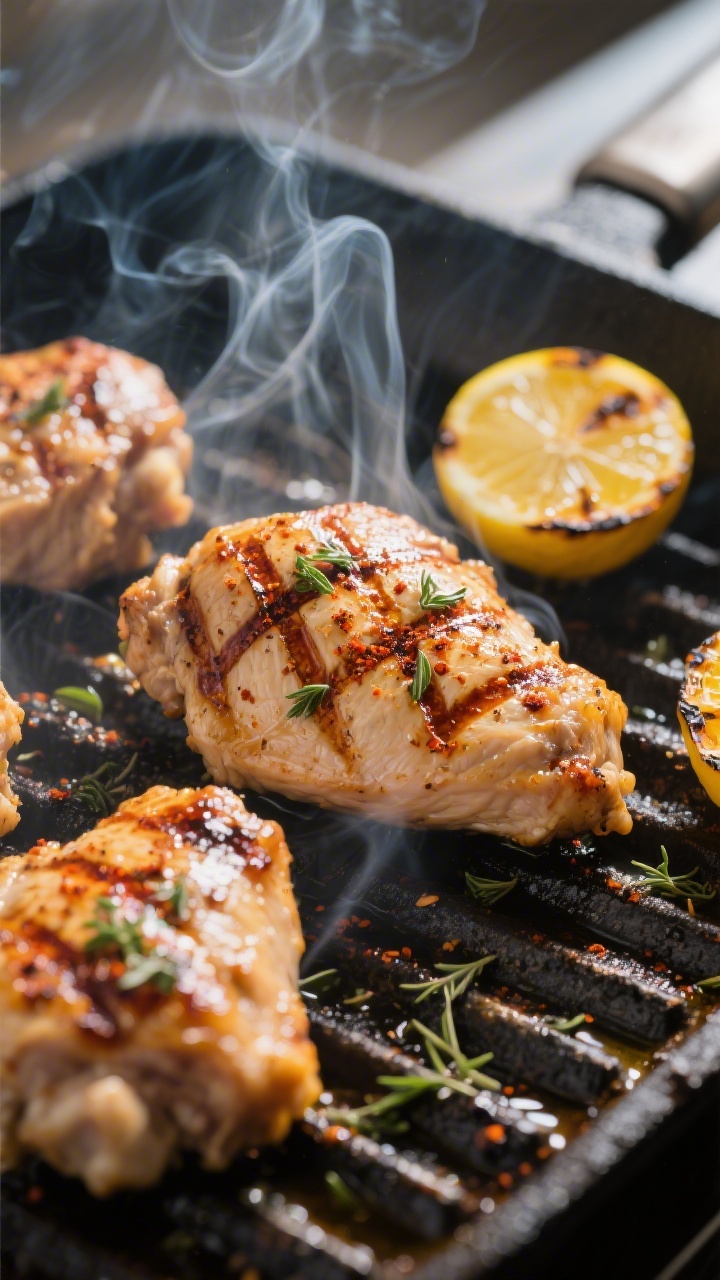 Cooking process close-up: Juicy Mediterranean grilled chicken thighs sizzling on a hot grill at medi