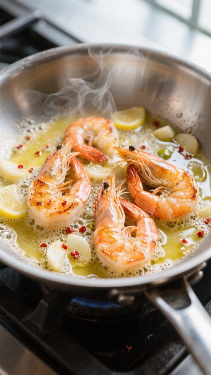 Cooking process close-up: Searing large shrimp in a stainless steel skillet, just-opaque and lightly