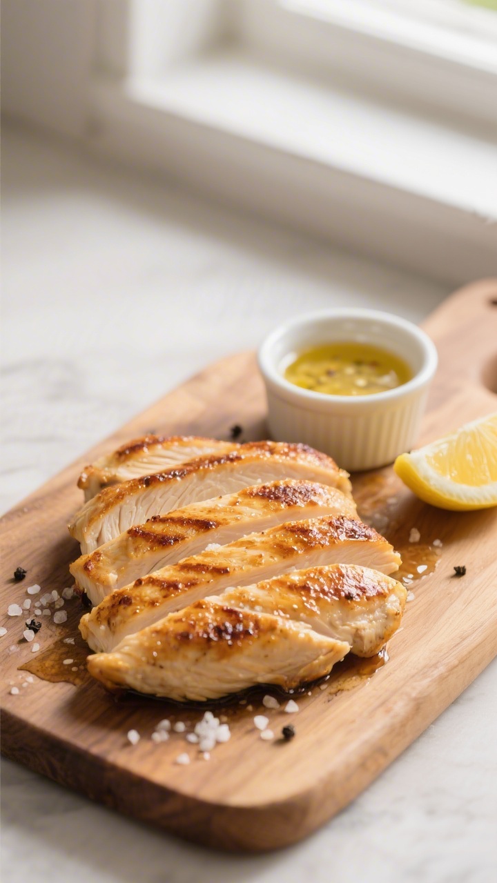 Cooking process – juicy chicken for the salad: Pan-seared chicken breasts resting on a wooden boar