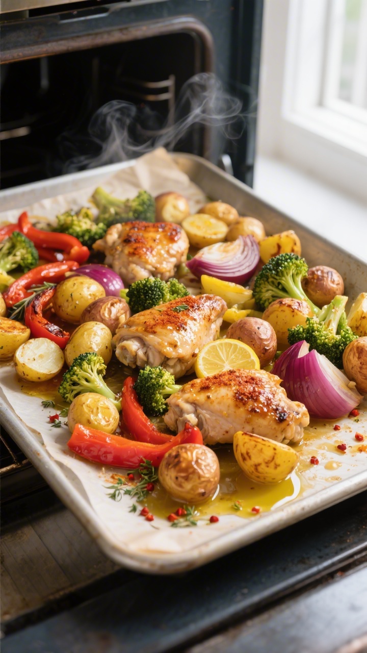 Cooking process, overhead shot: A large sheet pan just pulled from the oven mid-cook at 425°F, show