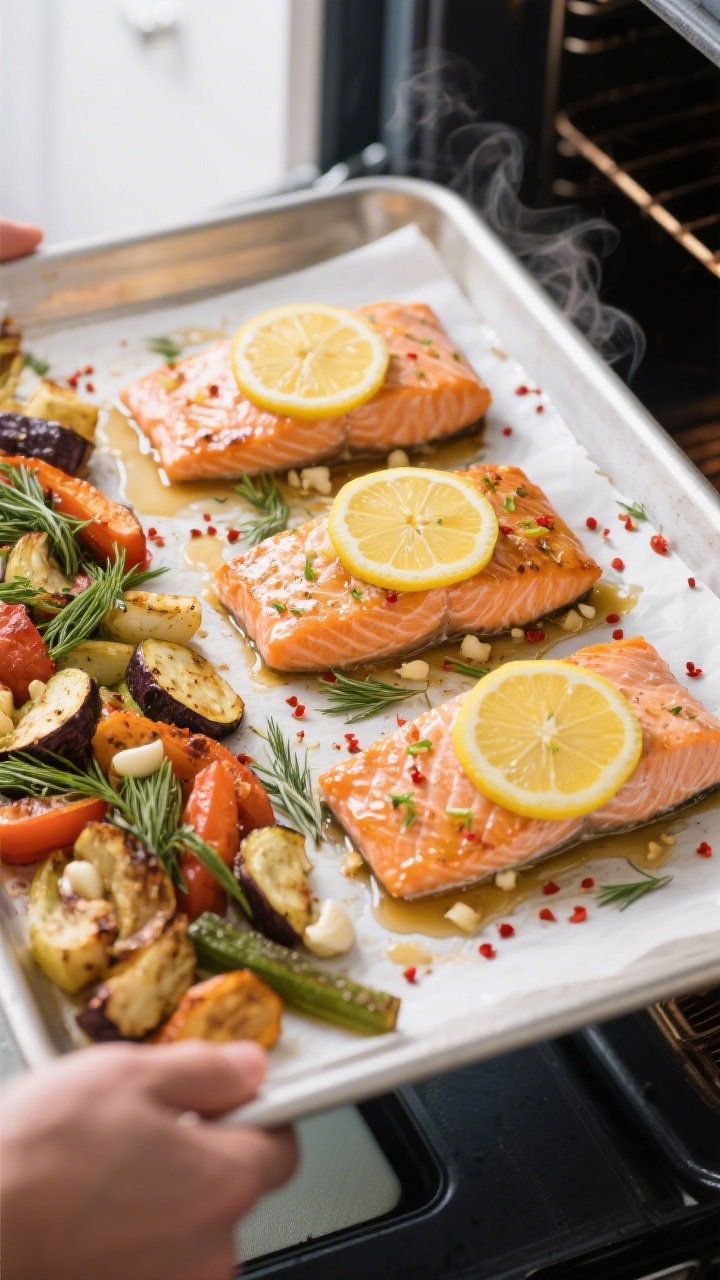 Cooking process: Overhead shot of a hot sheet pan just returned to the oven stage—vegetables pushe