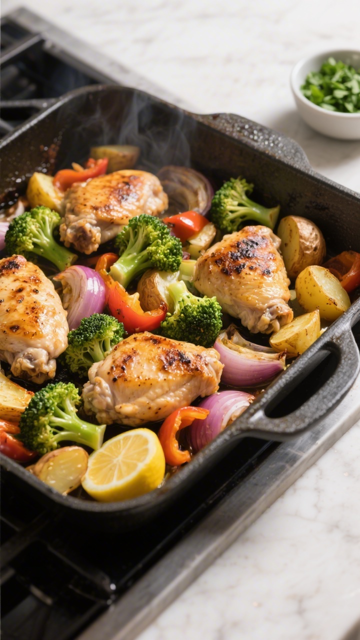 Cooking process: Overhead shot of a one-pan roast halfway through cooking at high heat—vegetables 