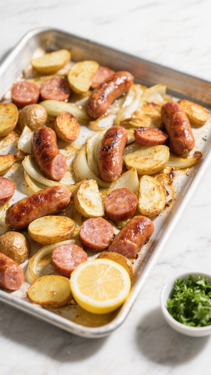 Cooking process: Overhead shot of the sheet pan just after adding the sliced sausage mid-roast—veg