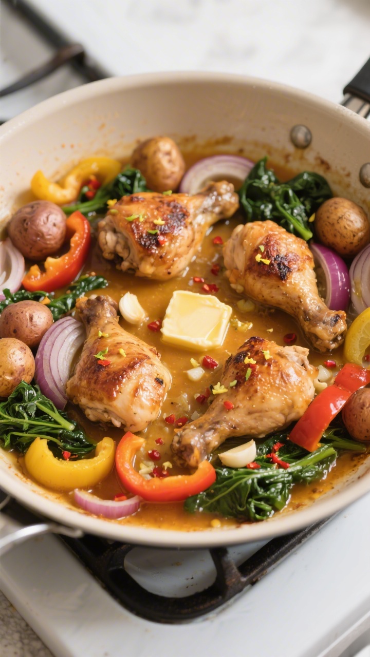 Cooking process: Overhead shot of the simmer stage—sliced onions and tri-color bell peppers with b