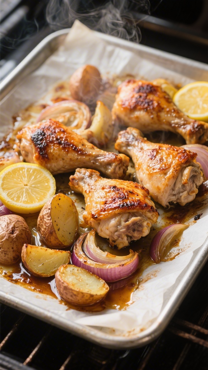 Cooking process: Overhead shot of the tray just pulled from the oven at 425°F—chicken thighs skin