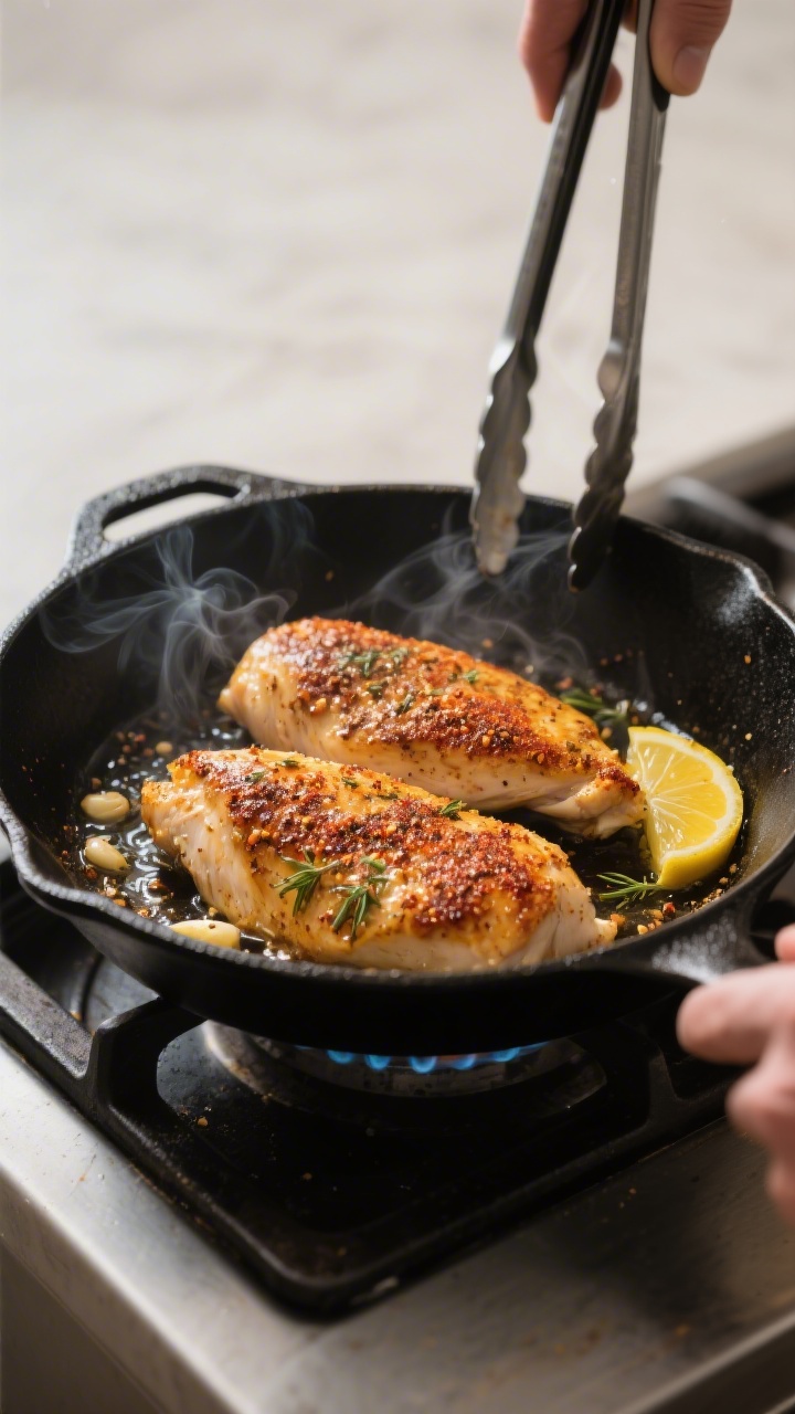 Cooking process – Seared chicken in skillet: Golden-brown, spice-crusted chicken breasts sizzling 