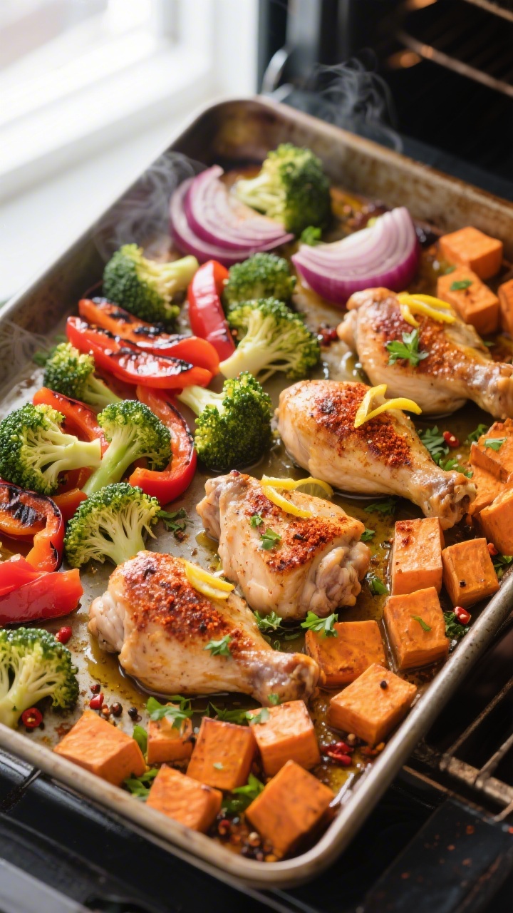 Cooking process — Sheet-pan roast at peak color: Overhead shot of a hot sheet pan just pulled from