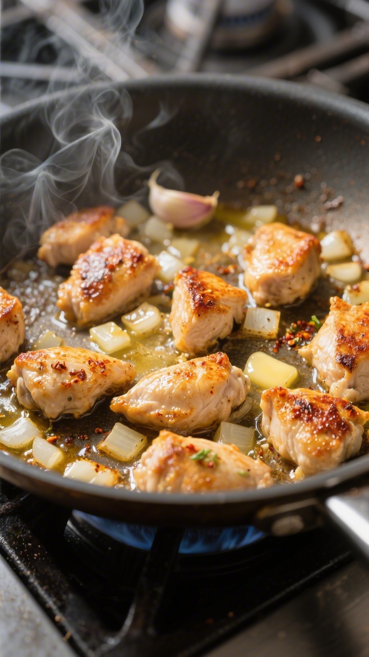 Cooking process shot: Golden-browned chicken bites sizzling in a large skillet after searing, with v