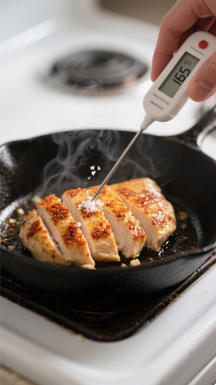 Cooking process, skillet sear: Sliced, perfectly cooked chicken breast just rested and being returne