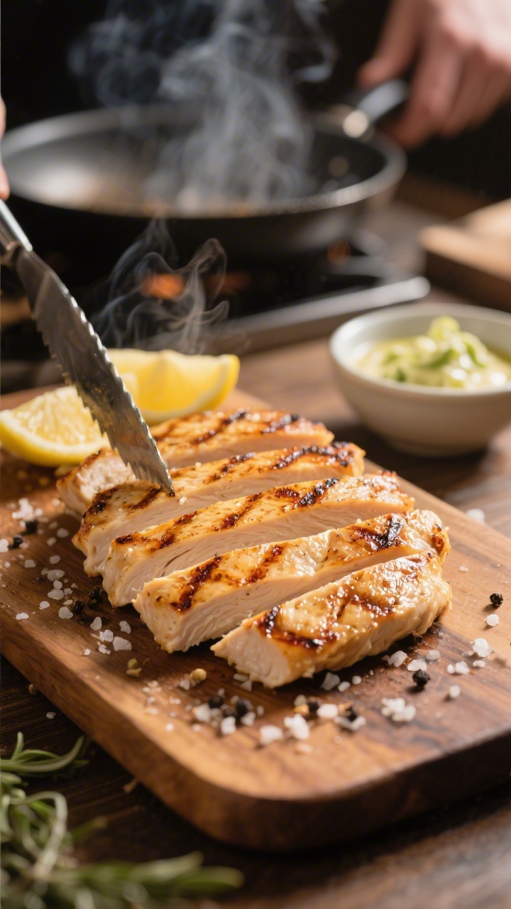 Cooking process: Sliced grilled chicken breast just off the pan, resting on a wooden board and being