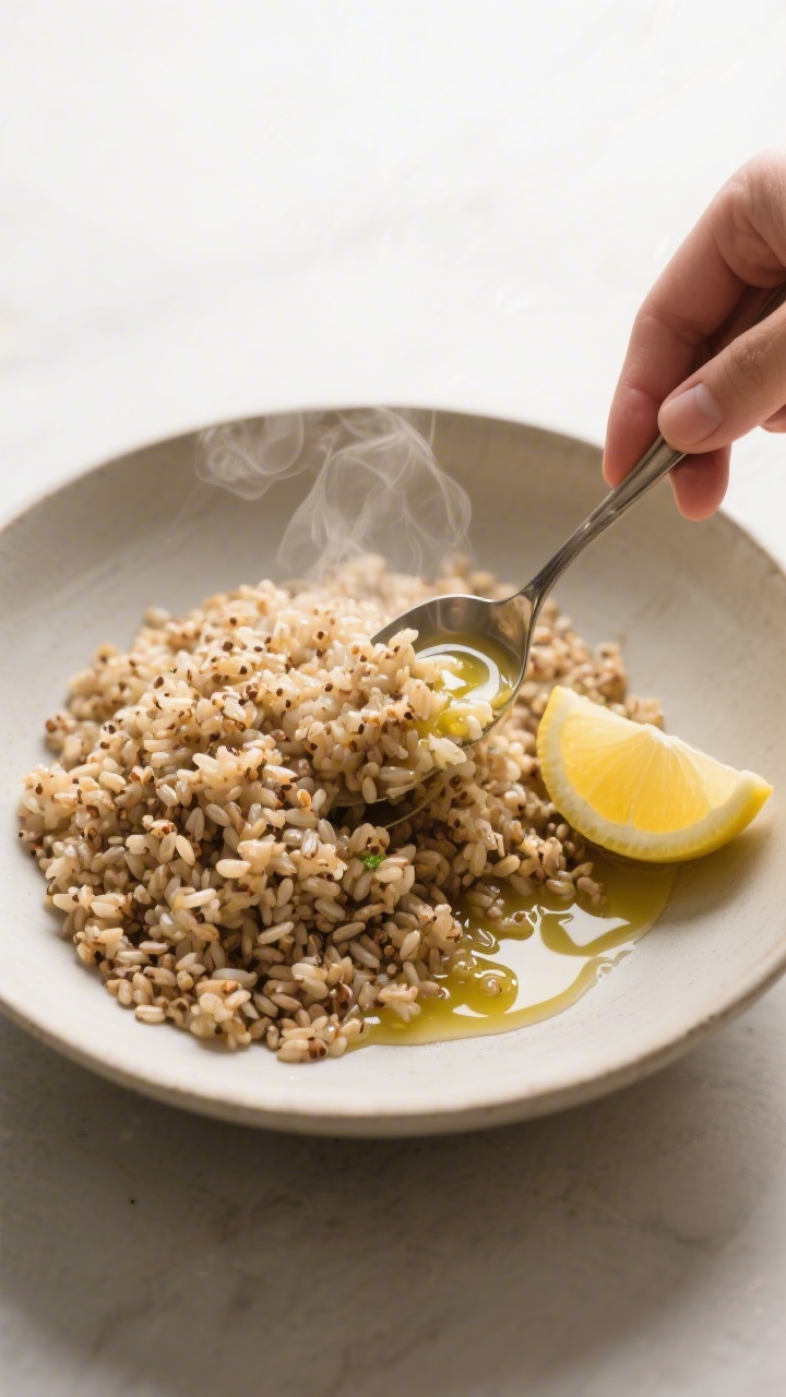 Cooking process: Warm quinoa or brown rice being fluffed and lightly seasoned in a wide bowl, then g