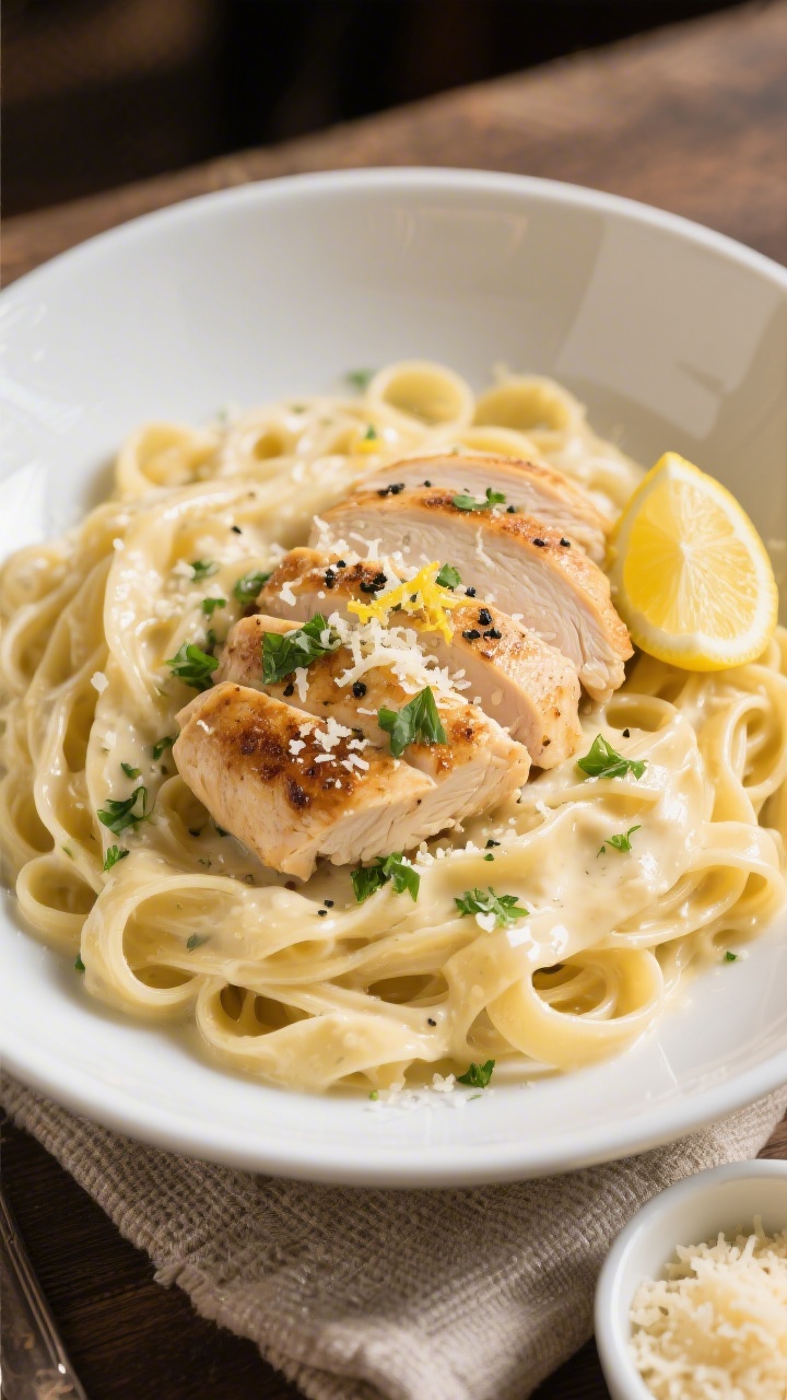 Final dish, family-style top view: Big white serving bowl piled with fettuccine Chicken Alfredo, eve