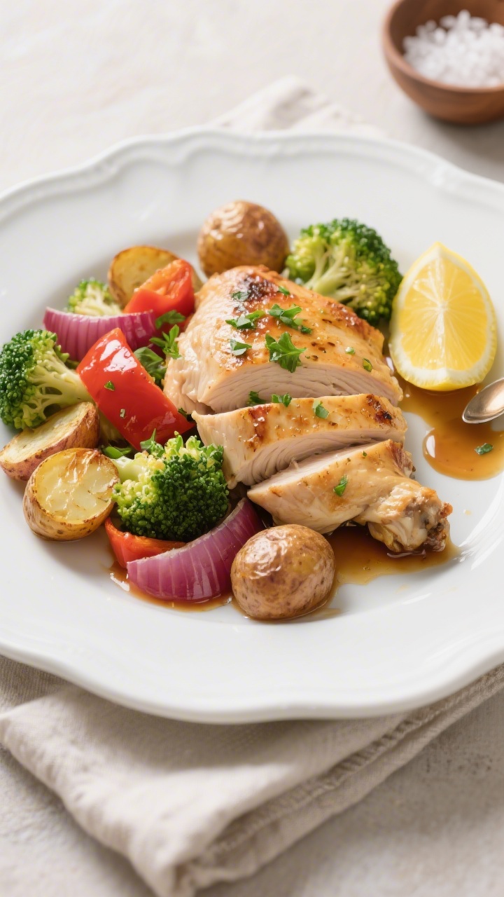 Final dish presentation: Beautifully plated Lemon Herb Chicken with Vegetables on a white ceramic pl