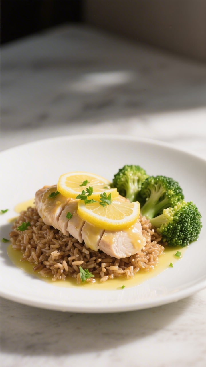 Final dish presentation: Beautifully plated Light Lemon Chicken with Brown Rice—sliced, tender chi