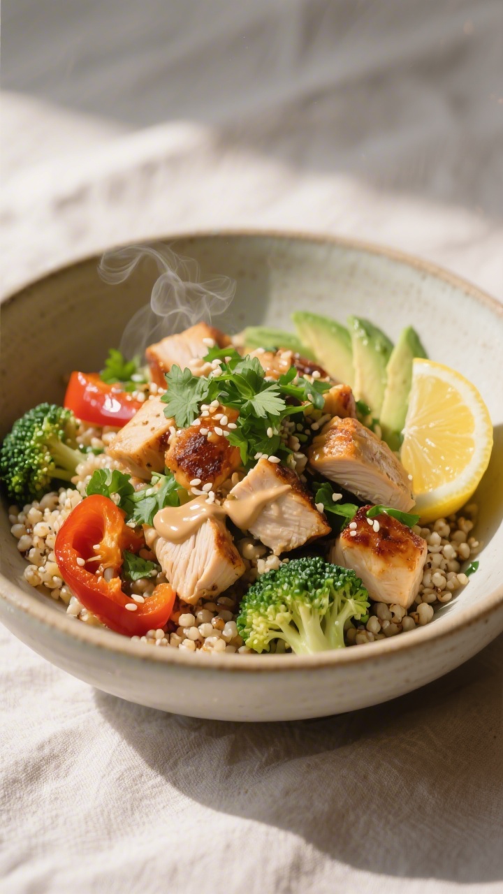Final dish presentation: Mediterranean-leaning bowl plated for serving—quinoa base topped with cub