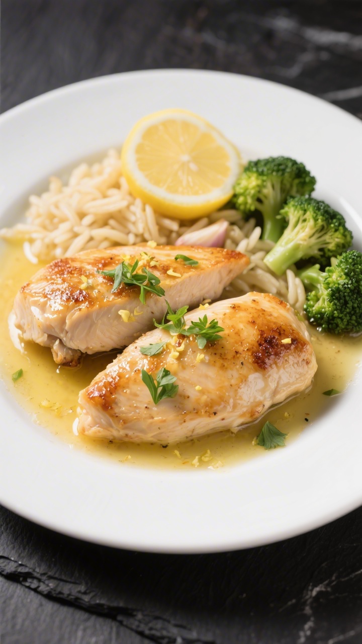 Final dish presentation: Restaurant-quality plate of whole seared chicken breasts glazed in reduced