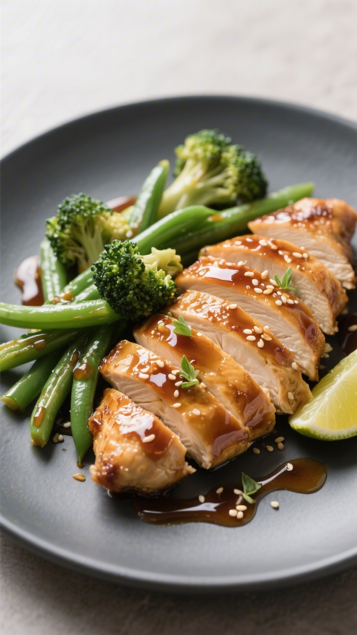 Final dish presentation: Restaurant-quality plate of sliced honey garlic chicken breasts (juicy, gli